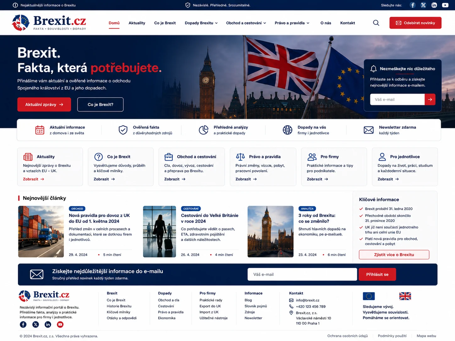 Vizuální návrh možného projektu Brexit.cz zaměřeného na brexit, jeho dopady, dokumentaci a praktické informace
